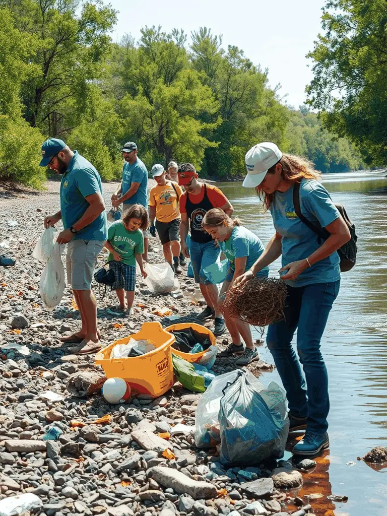A photo of volunteers cleaning up a riverbank, collecting trash and debris, emphasizing the association's commitment to environmental stewardship.