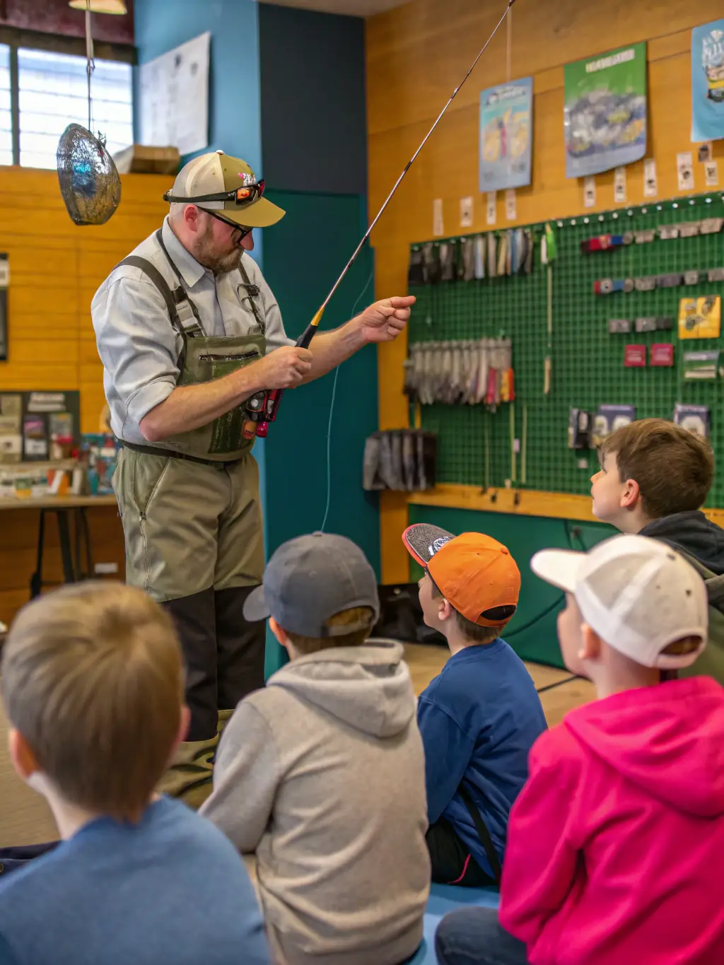 A group of people participating in a fly fishing workshop by a river, demonstrating casting techniques with an instructor nearby, showcasing the educational aspect of the program.