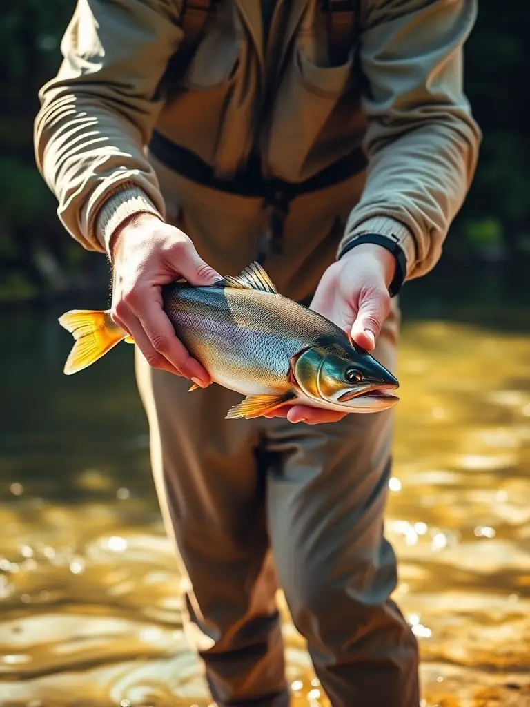 A close-up shot of someone releasing a fish back into the water, demonstrating responsible fishing practices and catch-and-release techniques.