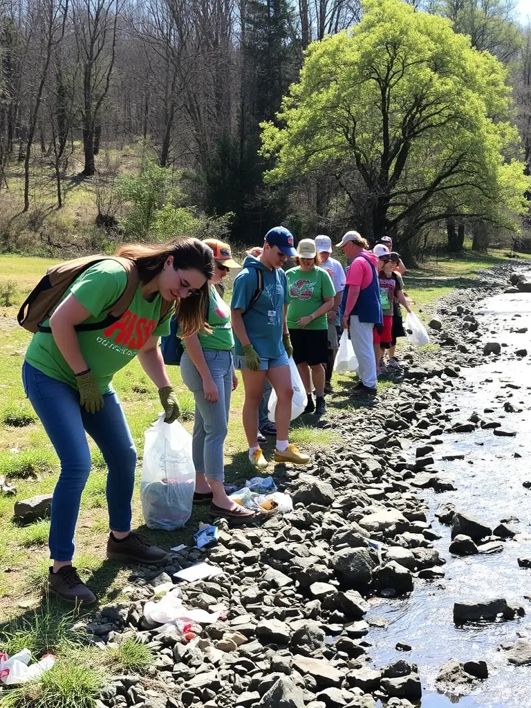 A serene image of volunteers cleaning up a riverbank, highlighting the association's commitment to environmental conservation and responsible fishing practices.