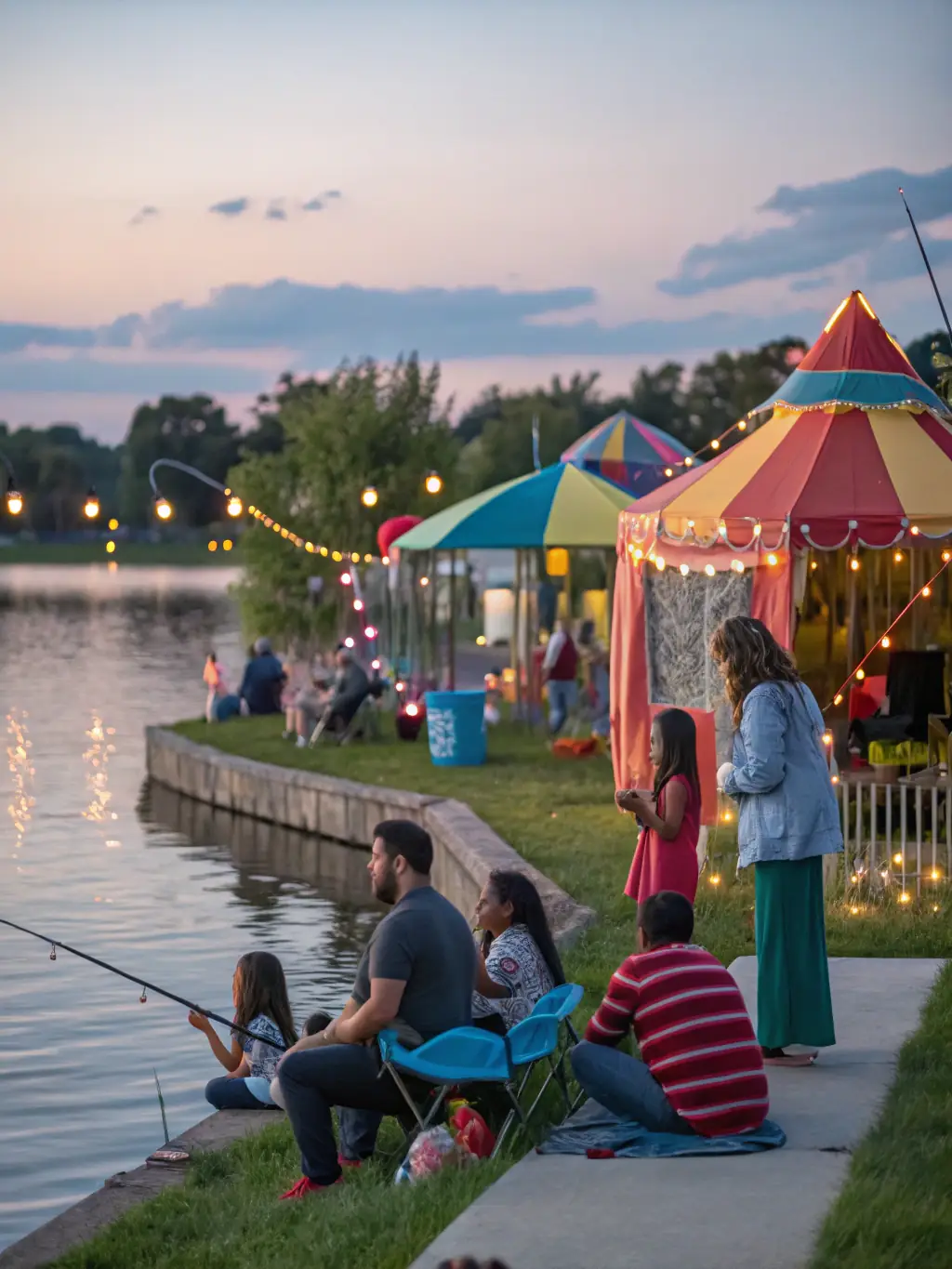 A vibrant photograph capturing participants of all ages engaged in a fishing competition at a local river, showcasing the excitement and community spirit of the event.